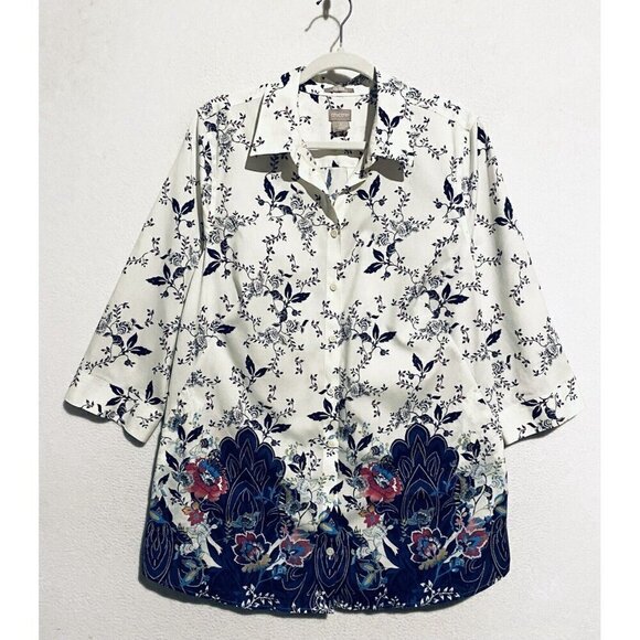 Chicos Top Womens Large Artsy Jacobean Print Button Up No Iron Stain Shield - Picture 1 of 7